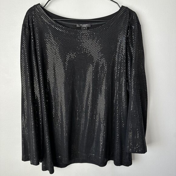 St. John Caviar Boat Neck Black Shimmer Top Womens XL - Picture 1 of 5